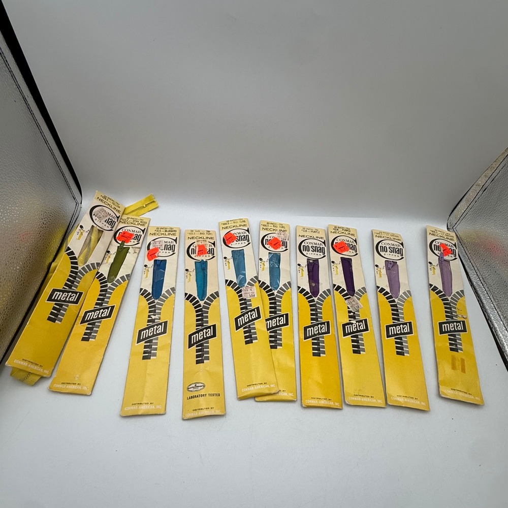 Lot of 10 Vintage Conmar No Snag Metal Zippers 20-24 Inch Mixed Colors Deadstock